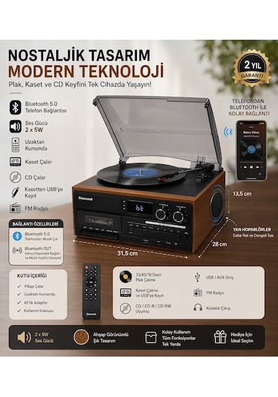 Dosound Tr-17s Ahşap Çok Fonksiyonlu Pikap Kaset Cd Usb Bluetooth Müzik Sistemi 1 Adet