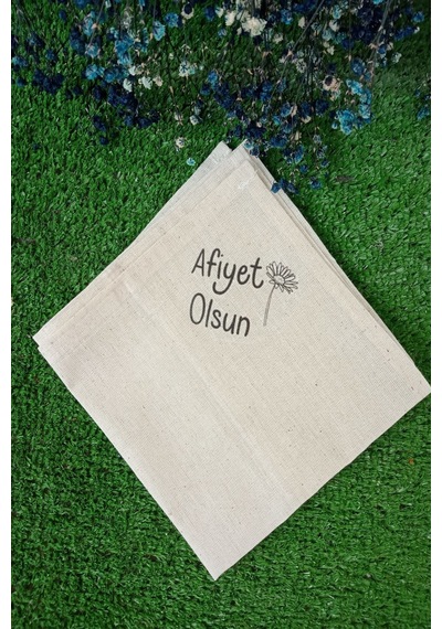 6 Adet Afiyet Olsun Çiçekli Keten Peçete - Servis Sunum Peçetesi - Baskılı Peçete Kırık Beyaz