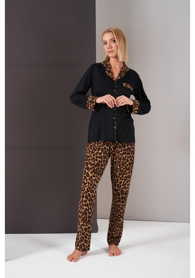 Pjs 26006 Kadın Patlı Boydan Düğmeli Leopar Desenli Uzun Kollu Pijama Takım Siyah