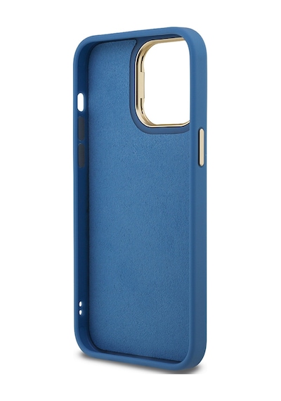 Apple iPhone 13 Pro Max Uyumlu Kılıf Guess Lisanslı Metal 4g Ve Yazı Logolu Kamera Standlı Kapak Mavi