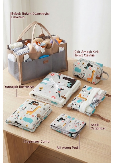 Yenidoğan 6 Prç Anne Bebek Hediyesi Hastane Çıkışı Battaniye Alt Açma Çantası Organizer Set Animal