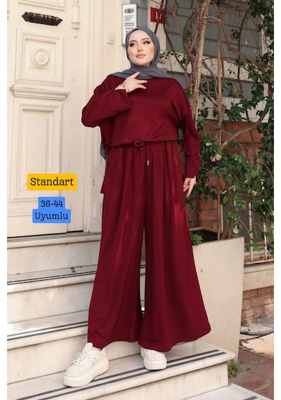 Balenbi Oysh Modal Kumaş Salaş Kesim Bol Paça Tesettür Tunik Takım 3833 Bordo
