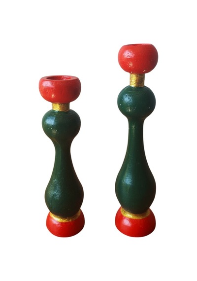 İkili Dekoratif Mumluk Seti Kırmızı & Yeşil, 19 Cm Ve 16 Cm, Yılbaşı Masa Dekorasyonu Yeşil - Kırmızı