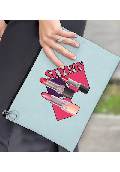 Bk Gift Kişiye Özel İsimli-2 Astarlı Açık Mavi Portföy Çanta 30x21cm, Baskılı El Çantası, Organizer Çanta