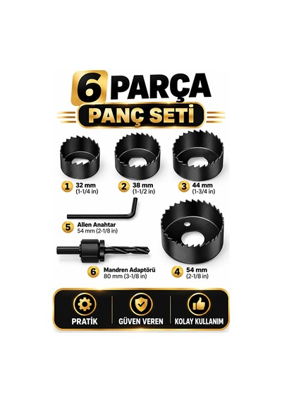 6 Parça Ahşap Panç Seti 32-54 Mm Matkap Uyumlu