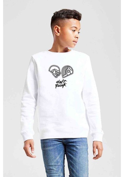 Tshirthane Daft Punk Helmet & Yazi Baskılı Unisex Çocuk Beyaz Sweatshirt Beyaz
