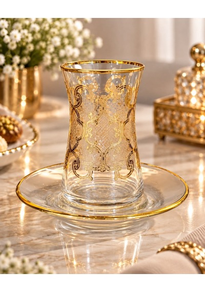 6 Kişilik 12 Parça Premium Erva Gold Çay Takımı-7956 Şeffaf
