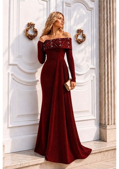 Lior Design Kadın Şık Model Degaje Yaka Dekolteli Maxi Uzun Kollu Abiye Elbise Kırmızı