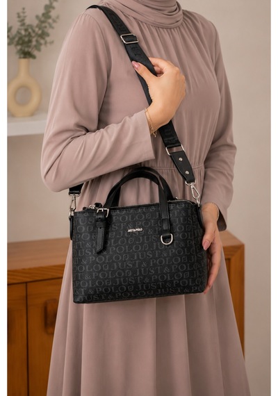 Just Polo Kadın Orta Boy Premium Deri Ayarlanabilir Askılı 3 Bölmeli Şık El & Omuz Çantası Shoulder Bag Siyah