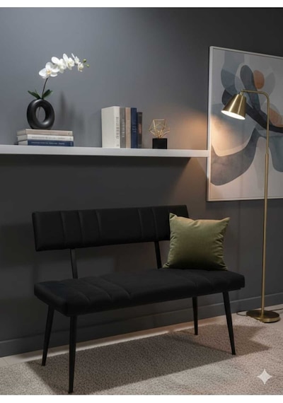 Özcan Metal Siyah Metal Ayaklı Metal Kasalı Sırtlı Mutfak Salon Antre Yatak Odası Balkon Puf Bank Bench Oturak Siyah
