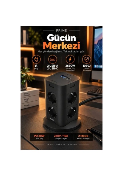8 Li Çoklu Priz Usb-a + Type-c Şarj Girişli Güç Ve Şarj İstasyonu 0 - 2 M