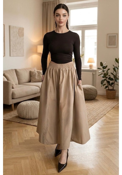 Madmext Bej Beli Lastikli Midi Boy Kadın Etek Mg2616 Bej