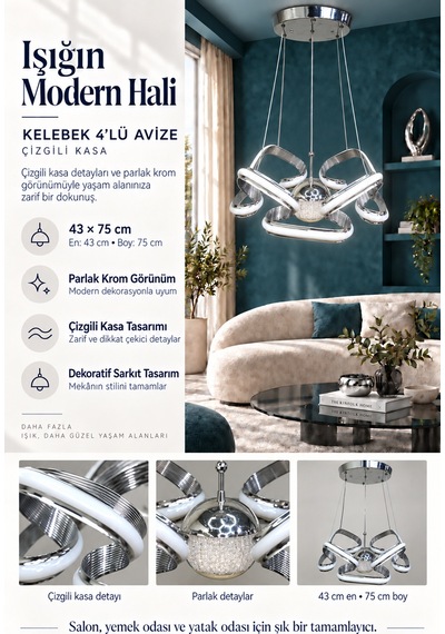 Kelebek 4 Lü Büyük Modern Ledli Avize Çizgili 3 Renk Power Ledli Krom Kaplama Yatak Odası Salon Mutfak