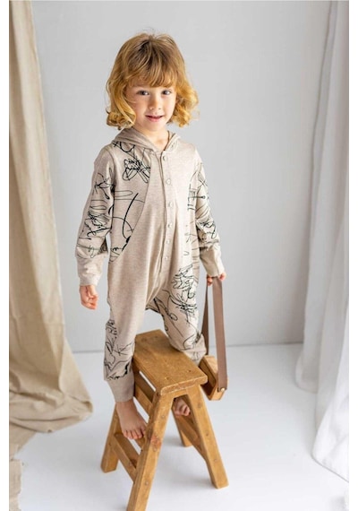 Oliven The Kid Oliventhekid Bej Ince Triko Geometrik Desenli Kapişonlu Önden Düğmeli Kışlık Unisex Çocuk Tulum Bej Bej