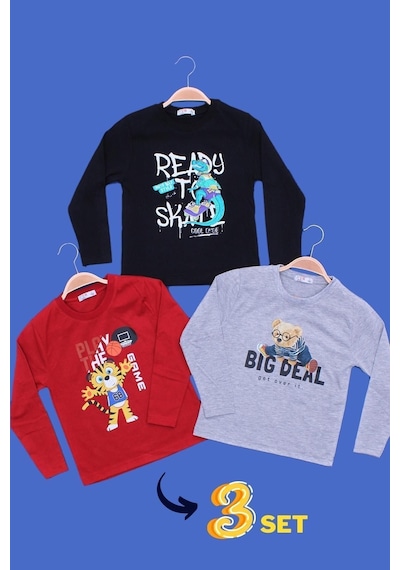 Panios Kids 3'lü Football-follow-big Farklı Baskılı Erkek Çocuk Uzun Kol Siyah-kırmızı-melanj Grisweatshirt Çok Renkli