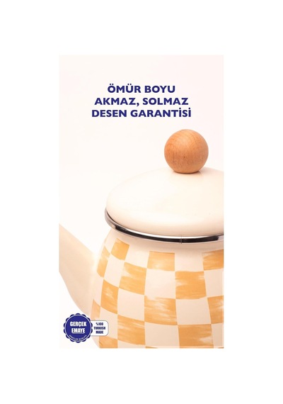 Beige Dama Desenli Emaye Çaydanlık Tüm Ocaklara Uygun Çok Renkli