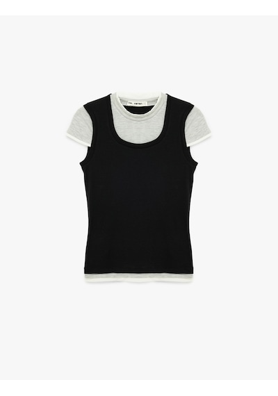 Koton Slim Fit Bisiklet Yaka Katmanlı Viskon Karışımlı Kısa Kollu Tişört Siyah 6sal10435ık