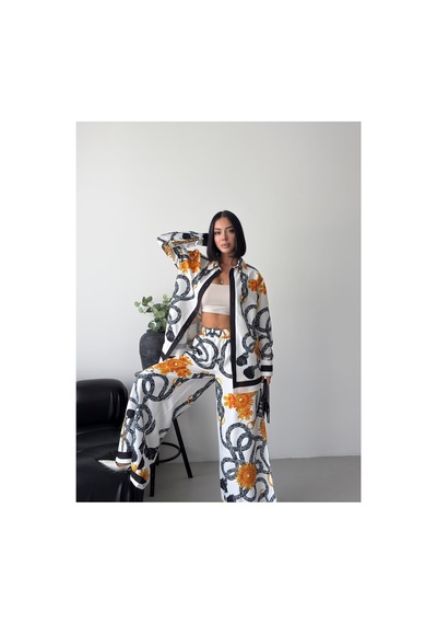 Wellway İthal Chokellaa Kumaş Çiçekli Tunik Gömlek & Pantolon 2li Takım-sarı -26116 Sarı