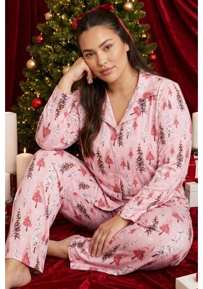 Siyah İnci Yılbaşı Temalı Desenli Termal Kumaşlı Ultra Soft Yumuşak Büyük Beden Battal Boy Düğmeli Örme Pijama Takımı 26226506 Pembe