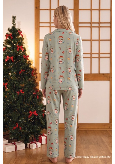 Siyah İnci Yeşil Yılbaşı Temalı Desenli Termal Kumaşlı Ultra Soft Yumuşak Düğmeli Örme Pijama Takımı 26226824