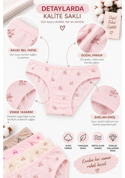 Westicgiyim Kadın Çiçekli Likralı Bikini Külot 4'lü Paket %100 Pamuk Yumuşak Rahat Asorti Desenli M L Xl çok Renkli