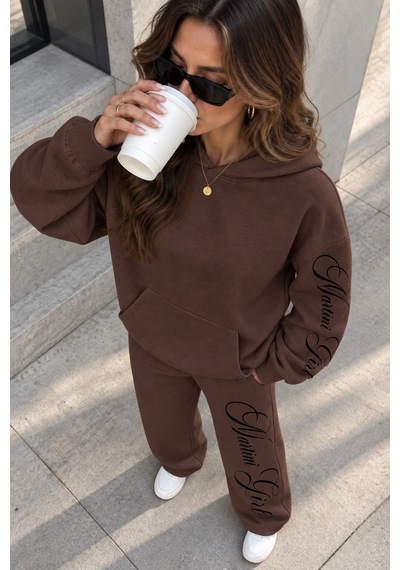 Macklin Unisex Kadın Erkek Martini Girl Kol Paça Baskılı Oversize 3 İplik Kapüşonlu Sweatshirt Ve Baggy Eşofman Altı Kahverengi