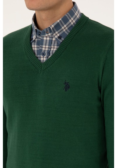 U.S. Polo Assn. Erkek Slim Fit V Yaka Koyu Yeşil Basic Triko Kazak 50313662-VR079