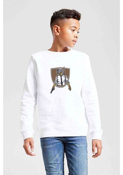 Tshirthane Pubg Soldier With Hand Gun Baskılı Unisex Çocuk Beyaz Sweatshirt