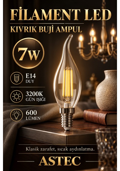 Astec E14 Filament Buji Ampul 7 Watt 3200k Gün Işığı Dekoratif Filament Led