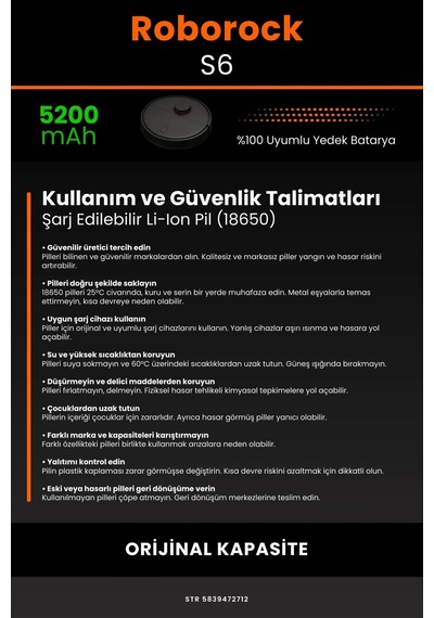 Roborock S6 5200mAh Robot Süpürge  Bataryası