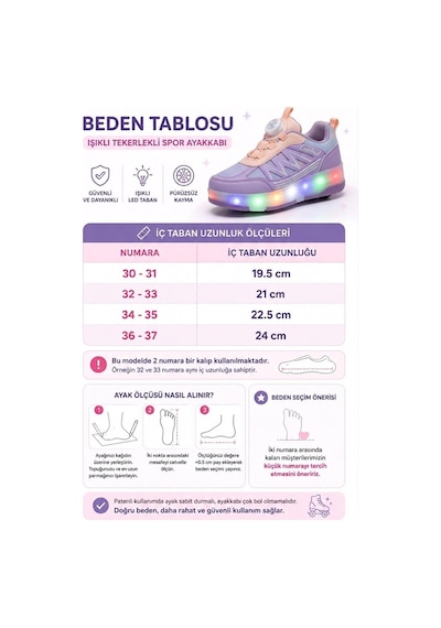 Ceylan Cyln 2620 Kız Çocuk Işıklı Patenli Spor Ayakkabı Kol Saati Hediyeli Lila