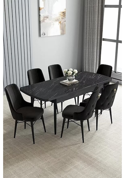 Loft Siyah Mermer 80x132 Açılabilir Mdf Masa Yemek Odası Takımı, Mutfak Takımı 6 Sandalye Siyah Loft Siyah Mermer 80x132 Açılabilir Mdf Masa Yemek Odası Takımı, Mutfak Takımı 6 Sandalye Siyah
