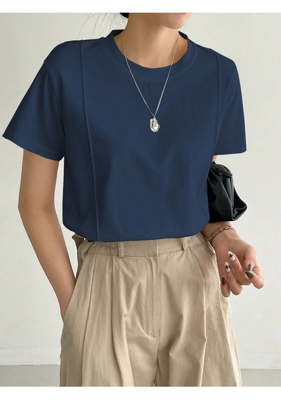 Kadın Kısa Kollu Çizgi Detaylı Basic Tişört Süprem Kumaş Yazlık Rahat T-shirt Lacivert