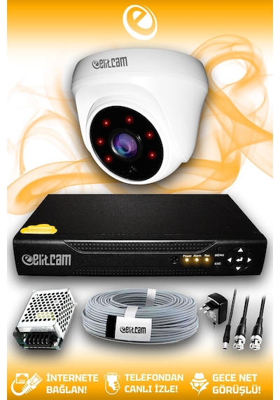 Elitcam 1 Kameralı Dome 1 İç Kamera Set HDD'siz Full HD Gece Görüşlü Güvenlik Kamerası Sistemi