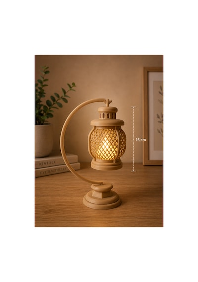 3d Dekoratif Retro Fener Gece Lambası Led Işıklı Masa Lambası 15 Cm Pla Dekoratif Aydınlatma Bej