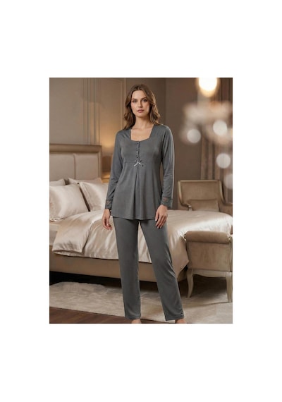 Effortt Dvina Lohusa Hamile Uzun Kollu Pijama Takımı - Füme Füme