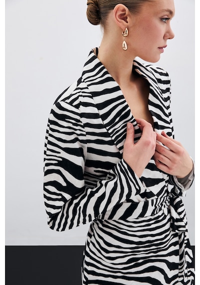 Sateen Kuşaklı Zebra Ceket - Siyah-135434 Siyah