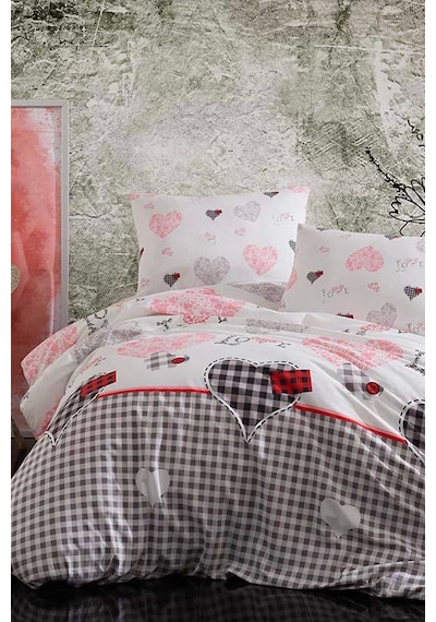 Çift Kişilik Lastikli Çarşaflı Pamuklu Nevresim Takımı Patchwork Love Renkli