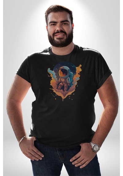 Bulutlar Astronot Uzay Unisex Unisex Siyah Organik Baskılı T-shirt Penye Yüksek Kalite Siyah