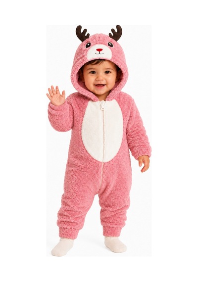 Tatlı Geyik Desenli Welsoft Bebek Tulumu Kapüşonlu Peluş Fermuarlı Kışlık Unisex Bebek Tulumu Gül Kurusu