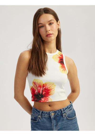 Koton Çiçek Baskılı Kolsuz Bisiklet Yaka Slim Fit Üst Ekru 5sal30100ık Ekru