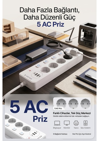 Akım Korumalı Priz 5'li + 2x Usb-a + 2x Usb-c 2 Metre Kablo 2 m