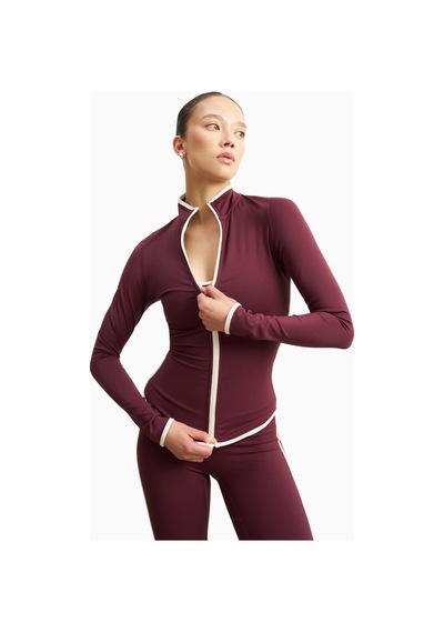 Because Of Alice Base Contrast Trim Zip Up Jacket Şekillendirici Kontrast Detaylı Kadın Ceket Bordo
