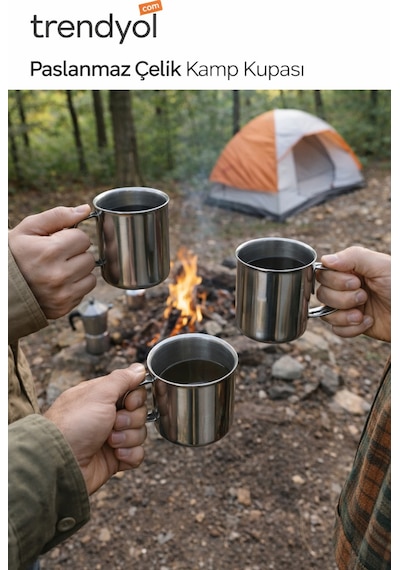 3 Adet Metal Kupa Bardak Piknik Kamp Bardağı Kupası 9 Cm 300 Ml Gümüş