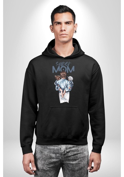 Süper Anne Anneler Günü Doğum Hediyesi Kadın Erkek Siyah Kapüşonlu Sweatshirt Hoodie Siyah