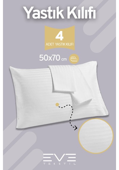 Eve Tekstil  4 Adet Çizgili Pamuk Saten Antibakteriyel Fermuarlı Yıkanabilir Otel Lüks Yastık Kılıfı 50x70cm Beyaz