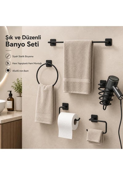 Alper Banyo 5 Li Siyah Banyo Seti, Yapışkanlı Ve Vidalı Montajlı,