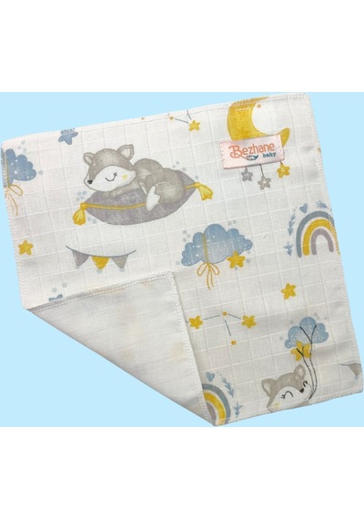 Pamuk Muslin Kumaş Bebek Ağız Mendili Bulut Ay Desen 25x25cm Çok Renkli