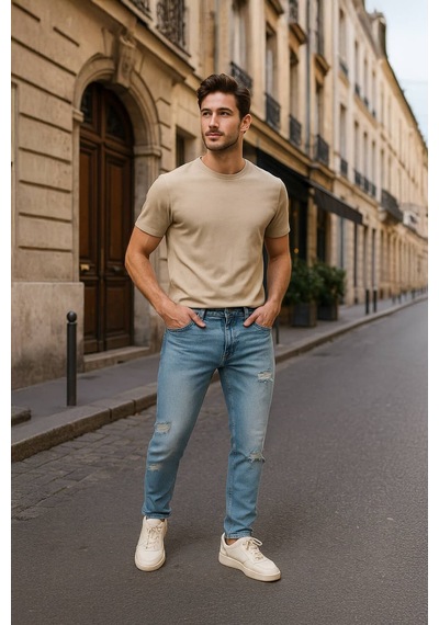 Blue White Erkek Yırtık Detaylı Jean Pantolon Mavi