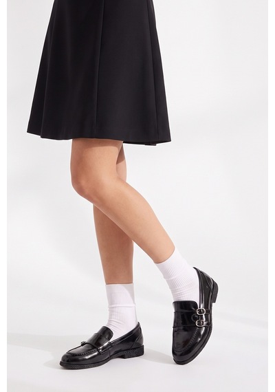 Luvi Shoes Daly Siyah Kırışık Rugan Hakiki Deri Tokalı Kadın Loafer Ayakkabı